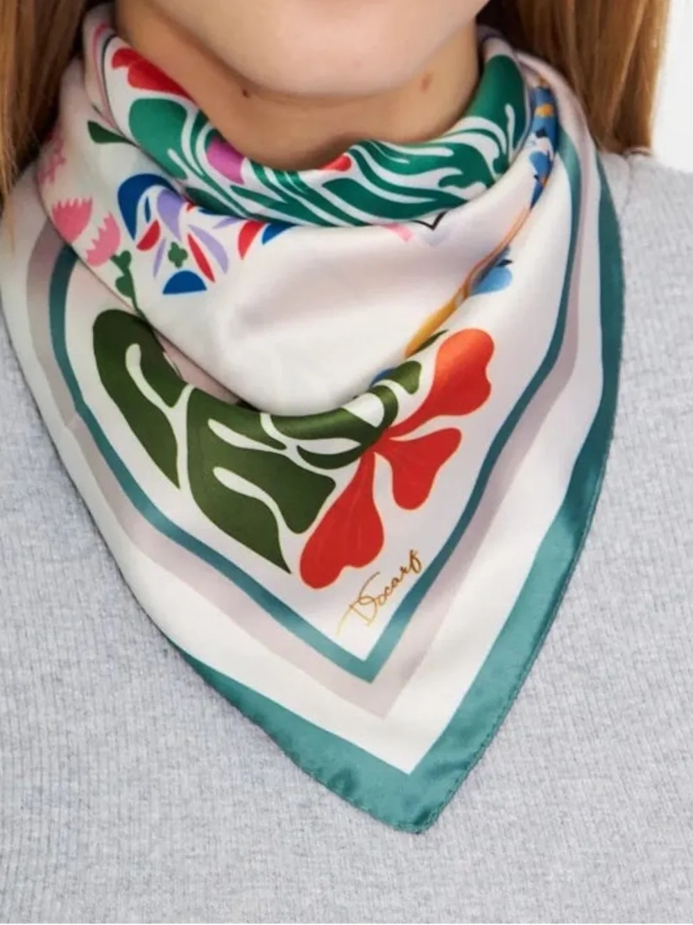 Botanical Patchwork Floral Scarf - Green Border